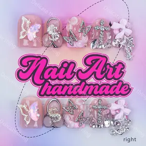 Delicatething Y2K Style Duckbill Square Nails, Handmade Nail Art, 4 Sizes XS S M L, Moon Butterfly Knot Design, Perfect Gift for Girls