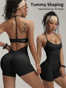 Women's Solid Round Neck Sports Romper, Sporty Sleeveless Tank Romper for Yoga Gym Workout, Ladies Sportswear for Indoor Outdoor Wear, Dance Clothing, Dance Garment, Dance Outfit