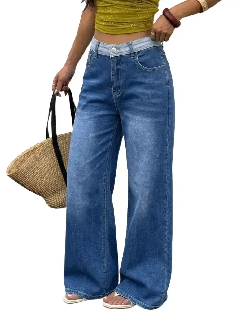 Women's Color Block High Waist Wide Leg Denim Jeans - Vintage Washed Stretch Loose Fit Polyester Blend Streetwear Bottom, Trendy Casual Floor Length Trousers