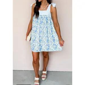 Floral Print Striped Patchwork Bow Knot Straps Mini dress