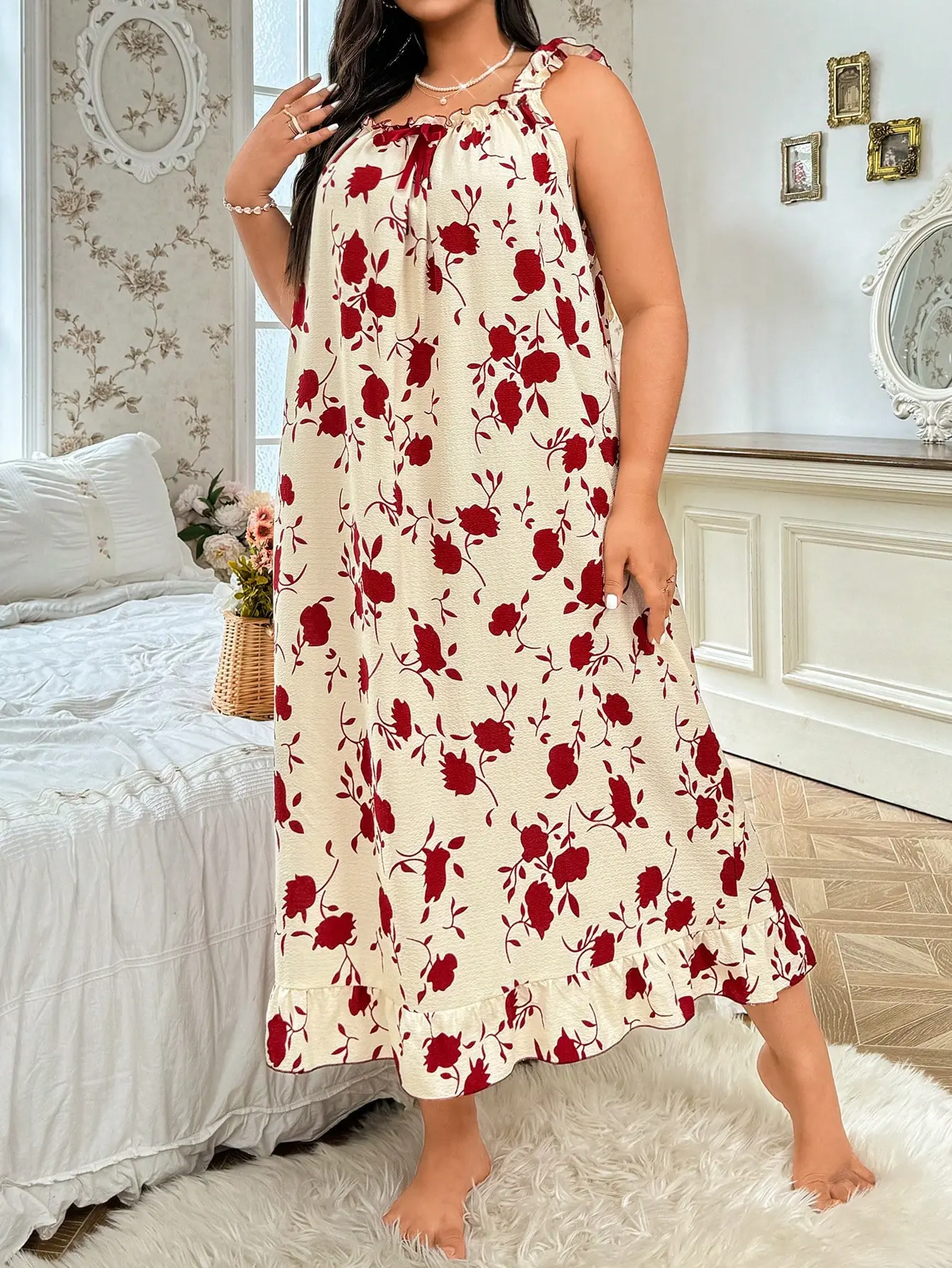 Plus Size Women's Pajama Set, Elegant 2-Piece Polyester Elastane Cami Dress and Robe, Oversize Casual Wear with Wide Sleeves and Thin Straps