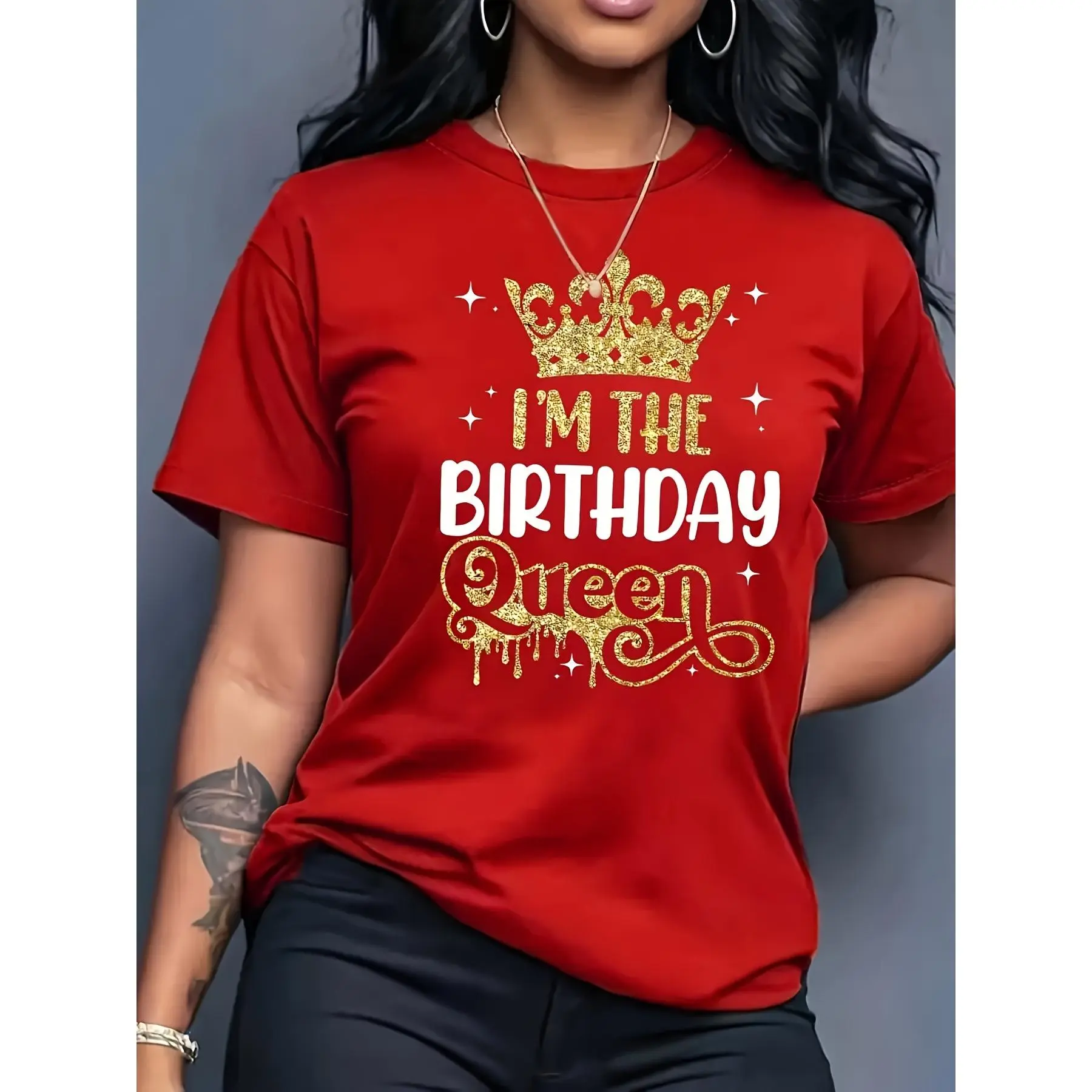 Women's Short-Sleeve Round Neck Polyester Fabric Top - "I'm The Birthday Queen" Crown Print, Casual Spring Summer Outfit, Machine Washable, Tops