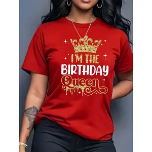 Women's "I'm The Birthday Queen" Crown Print Polyester T-Shirt Top - Short Sleeve Round Neck Casual Spring Summer Fabric Clothes, Birthday Outfit, Machine Washable