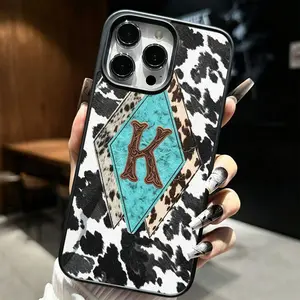 Turquoise Initial K Cow Print Phone Case， Vintage Western Rustic Style for iPhone 17 16 15 14 13 12 11 Plus Pro Max， Unique Birthday Gift.