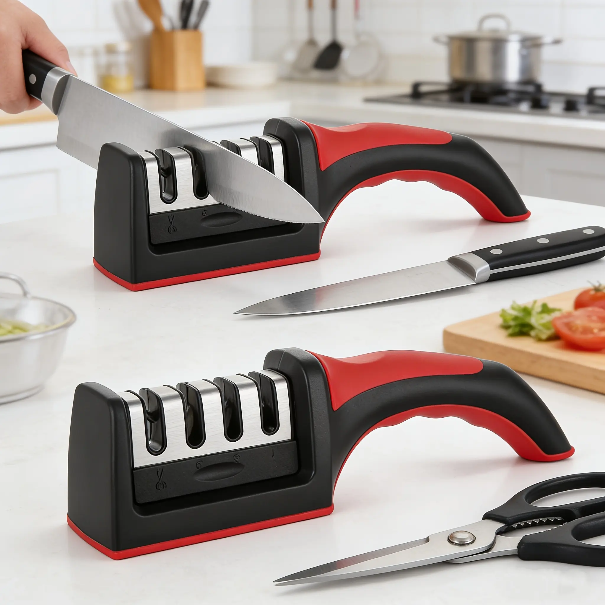 4-Stage Knife Sharpener, Kitchen Accessories for Ceramic/Steel Knives and Scissors, Aiding in Repair, Restoration, and Polishing of Blades