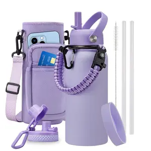 Gallon Stainless Steel 32oz/40oz/64oz/128oz Water Bottle Shoulder Carrier Bag, BPA-Free Metal Gallon Water Bottle with Handle Paracord