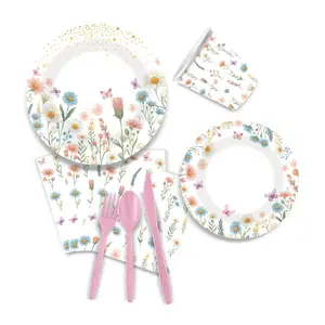 Printed Flower Design Birthday Party Decorations, Spring Cure Feng Shui Watercolor Wildflowers Butterfly Macaron Color Disposable Paper Plates Cups Napkins Tablecloth Set