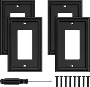 Black Modern Decorative Wall Plate Light  Cover Decorator Outlet Covers Rocker  Plates  Fiber Material Wall Plates for Kitchen Bathroom (1 Gang Single Decorator-4 Pack)