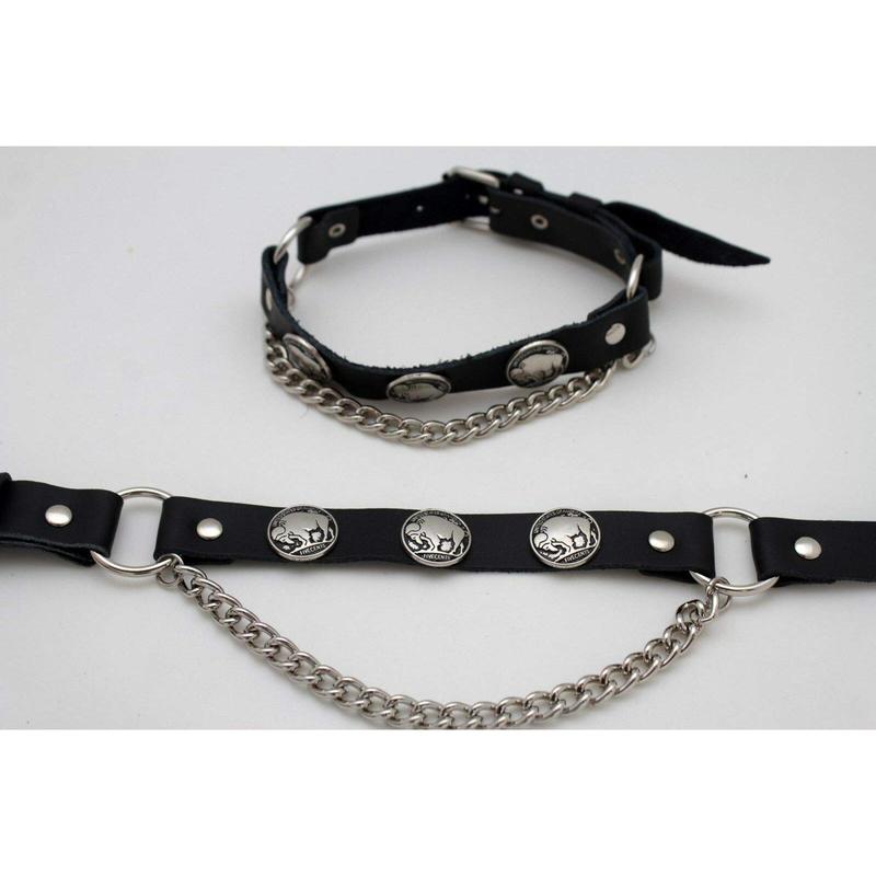 Men Biker Fashion Jewelry Boot Bracelets Black Faux Leather Straps Silver Chains Buffalo Pair