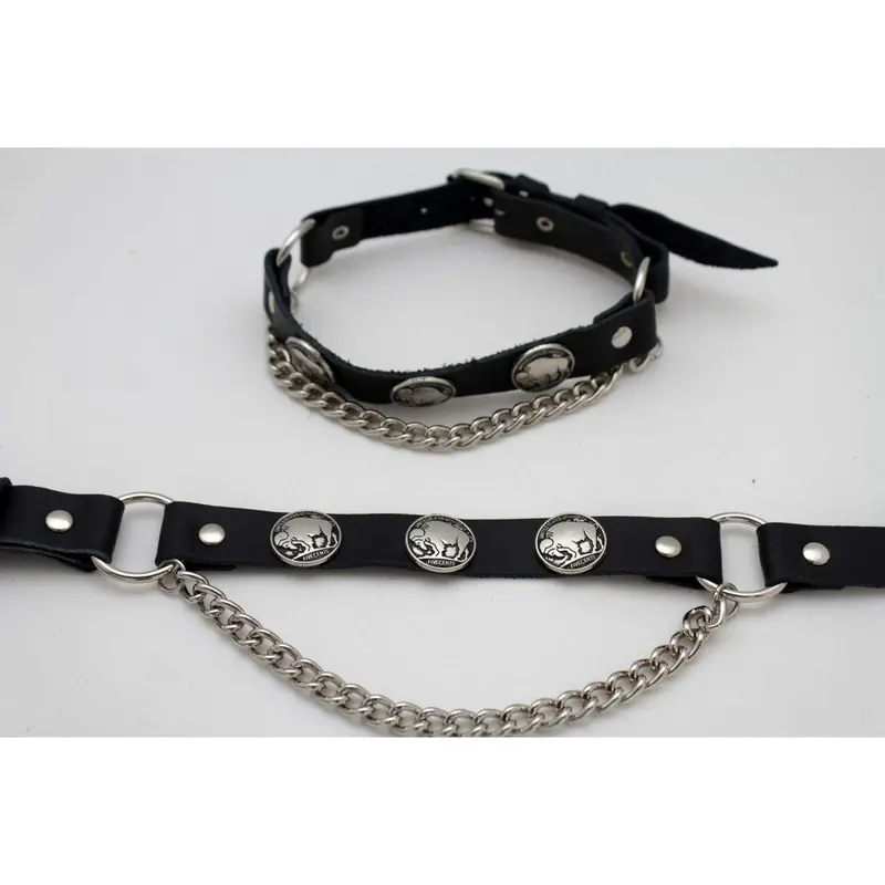 Men Biker Fashion Jewelry Boot Bracelets Black Faux Leather Straps Silver Chains Buffalo Pair