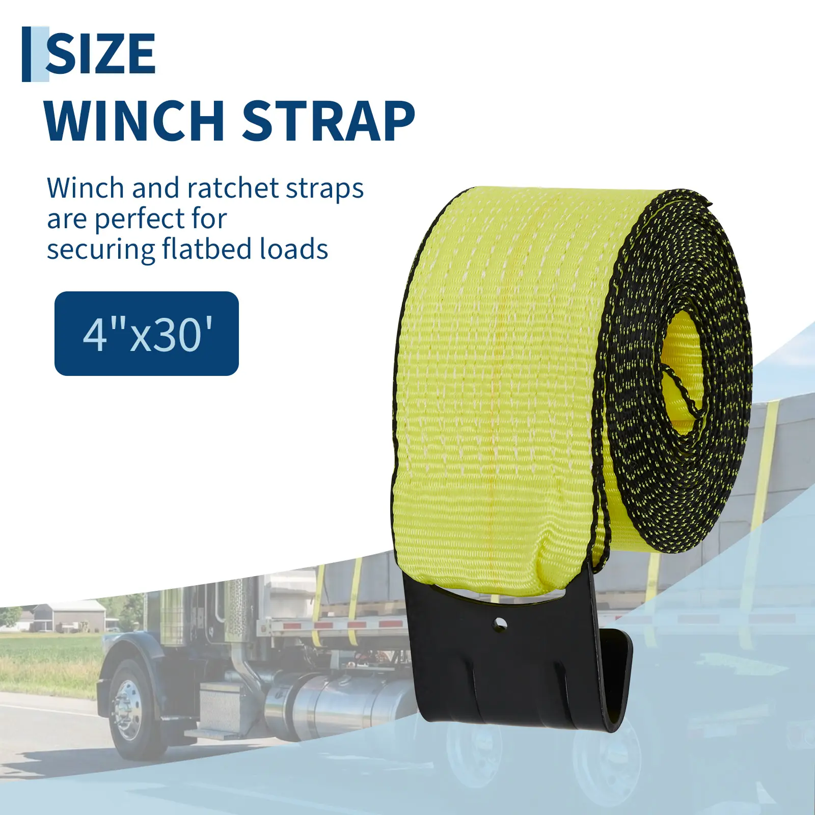 Heavy Duty 4" x 30' Flat Hook Winch Straps - 6000 Lbs WLL, 18000 Lbs Break Strength - Secure Tie Down for Flatbed Trucks, Trailers, Farms, Towing, Tree Saver