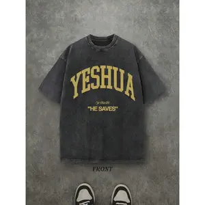 Retro Washed T-Shirt Single-Sided Printed (230 Pure Cotton T-Shirt) 'YESHUA HE SAVES'  Letter And Pattern Print, Christian Gift, Mens TShirt, Mens Shirt Casual, Comfortable, Fashionable T-Shirt, Street Style Cotton
