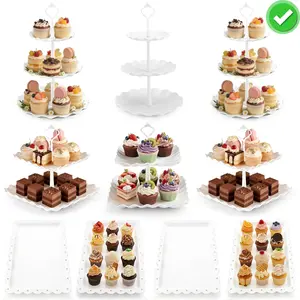 10 PCS Plastic Cake and Cupcake Stand Set, 3 Two-Tier Stands, 3 Three-Tier Stands, 4 Appetizer Trays, for Birthday, Bridal, and Baby Shower Parties, White