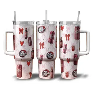 Dr Pepper with Bow Tumbler 40oz with Handle - White Dr Pepper Logo Pattern 20oz Tumbler Cup, Soda Lover Gift, Funny Beverage Tumbler, Dr Pepper Fan Gift for Women & Men