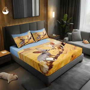 3pcs Fennec Fox Fitted Sheet Set All Seasons Decorative Mattress Cover Animal Mattress Protector Boho Bedding Set Bedroom Decor for Home Guest Room Decor 1 Fitted Sheet+2 Pillowcases Without Core