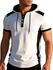 Men's Spring ＆ Summer Outfits Contrast Color Trim Waffle Knit Hooded T-Shirt, Gym Wear Short Sleeve, Training Shirt, Button Placket & Drawstring Hood, Breathable Mesh Athletic Top for Gym & Daily Wear, Sports Clothing, Sports Casual Wear