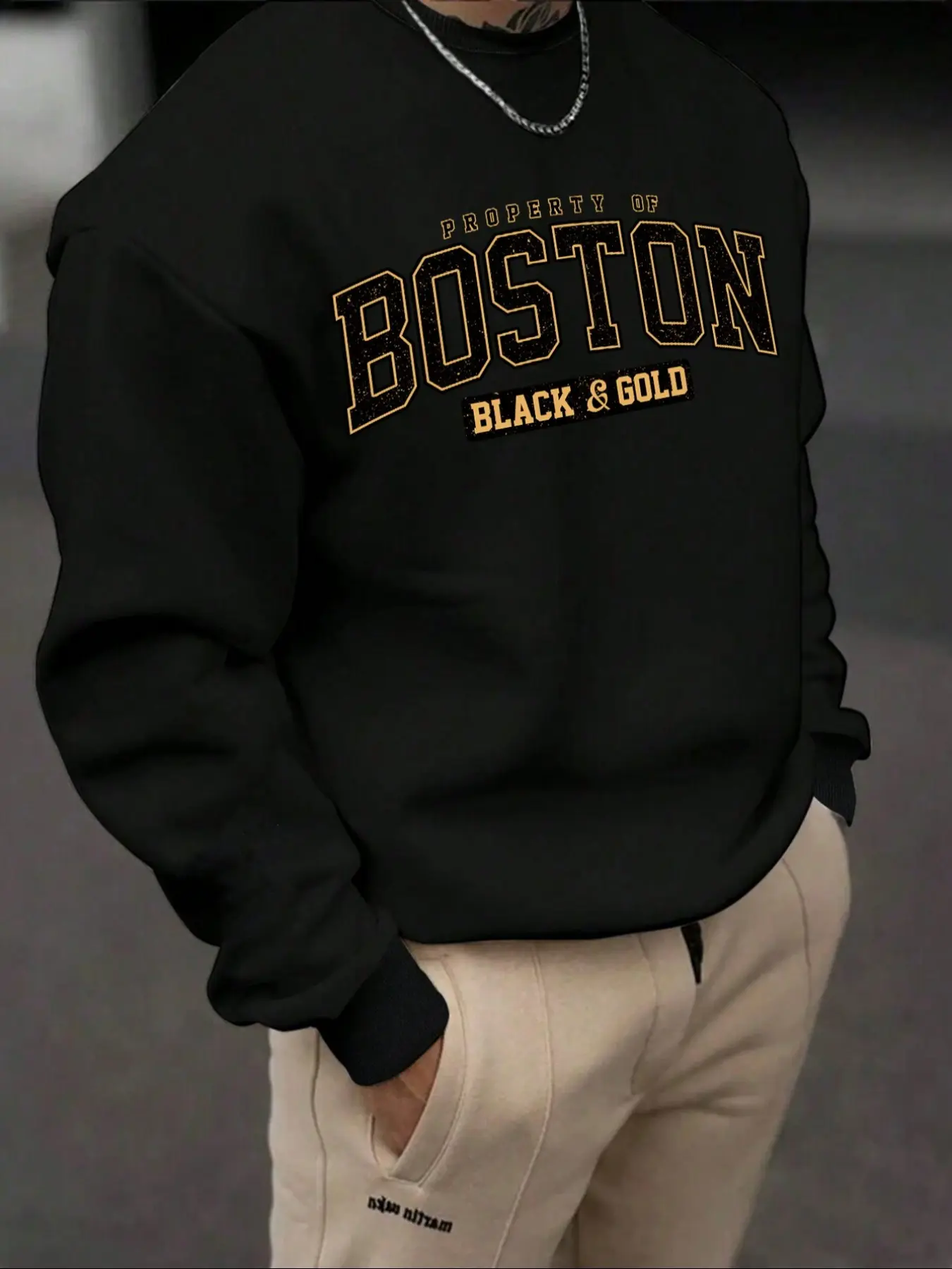 Men's Boston Print Sweatshirt, Casual Loose-Fit Long Sleeve Round Neck, Spring & Fall Fashion, Daily Wear, Comfortable Knitted Fabric