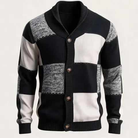 HYPESTFIT Men's Trendy Color Block Plaid Knitted Button-Up Cardigan Sweater - Lapel Collar, Long Sleeve, Regular/Oversized Fit, Soft Fabric Check Streetwear Layering Top for Fall/Winter Party, Weekend Outings