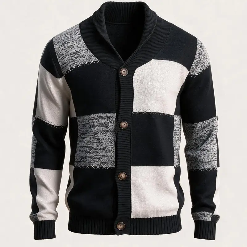 HYPESTFIT Men's Trendy Color Block Plaid Knitted Button-Up Cardigan Sweater - Lapel Collar, Long Sleeve, Regular/Oversized Fit, Soft Fabric Check Streetwear Layering Top for Fall/Winter Party, Weekend Outings