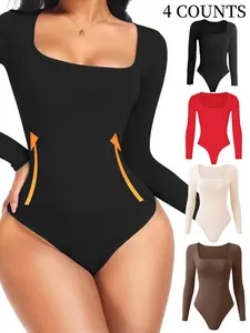 Women's Solid Square Neck Long Sleeve Shapewear Bodysuit, Casual Comfy Tummy Control Butt-Lift Shaper, Ladies Shapewear for All Seasons, Shapewear Abdominal