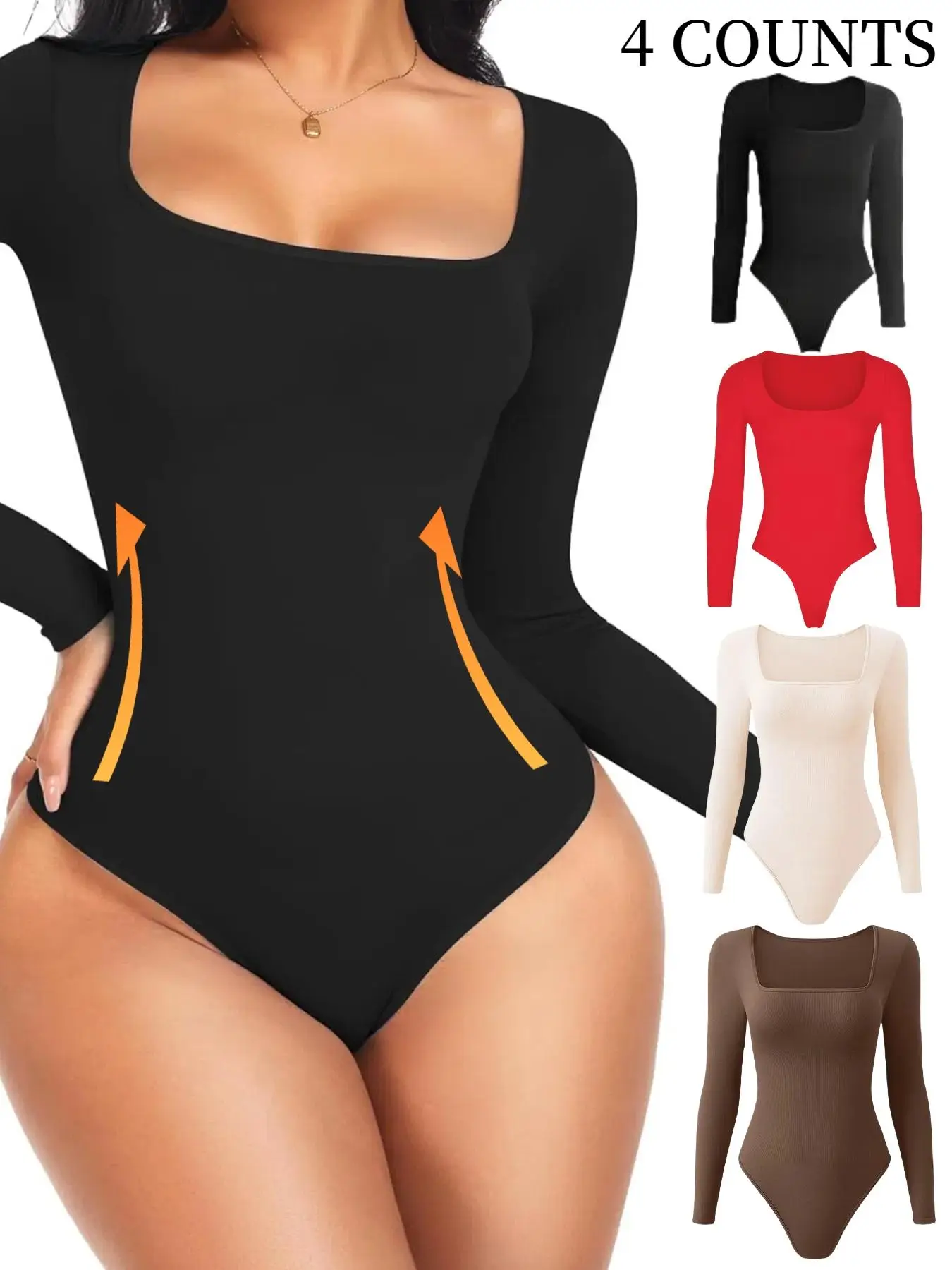 Women's Solid Square Neck Long Sleeve Shapewear Bodysuit, Casual Basic Minimalist Comfy Tummy Control Butt Lift Shaper, Ladies Shapewear for All Seaso