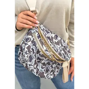 White Camouflage Print Gold Chain Strap Double Zipper Crossbody Bag