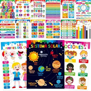 15 Packs Spanish & English Educational Posters Thick Elementary Bilingual Waterproof Tearproof with PET Film Early Language Learning Tool for Kindergarten Preschool