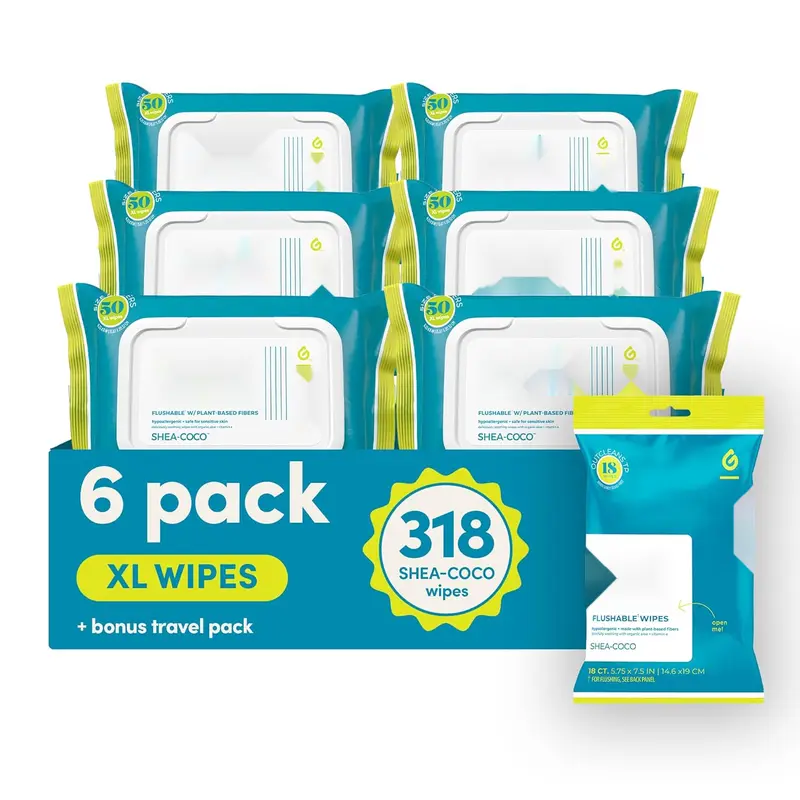 goodwipes Flushable Butt Wipes - Vitamin E & Aloe - Sewer & Septic Safe - Extra Large Adult Wet Wipes For Women & Men - Bathroom Essentials - Shea Coco, 318 Count (6 Packs + 1 Travel)