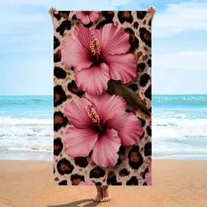 1PC Tropical Hibiscus Leopard Print Design Beach Towel Oversized Soft Bath Towel Two Pink Hibiscus Flowers on Leopard Print Background Perfect for Swimming Travel Camping Super Absorbent Towel