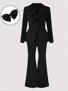 Elegant Plus Size Blazer Set, Comfortable Business Style Suit Jacket & Pants, Versatile Office Wear for Women
