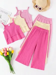 Girls' 6-Piece Casual Set, Solid Color Tank Tops & Loose Long Pants, Outdoor Wear, Spring & Summer Fashion, Comfortable & Versatile, Summer Clothes Set, Summer Outfits Set