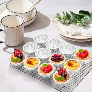 12 Pack Egg Tart Molds, Aluminum Alloy Pudding Jelly Molds, Reusable Cake Tartlets, Cupcake and Muffin Cups for Baking, Flower Shape, Non-sticky