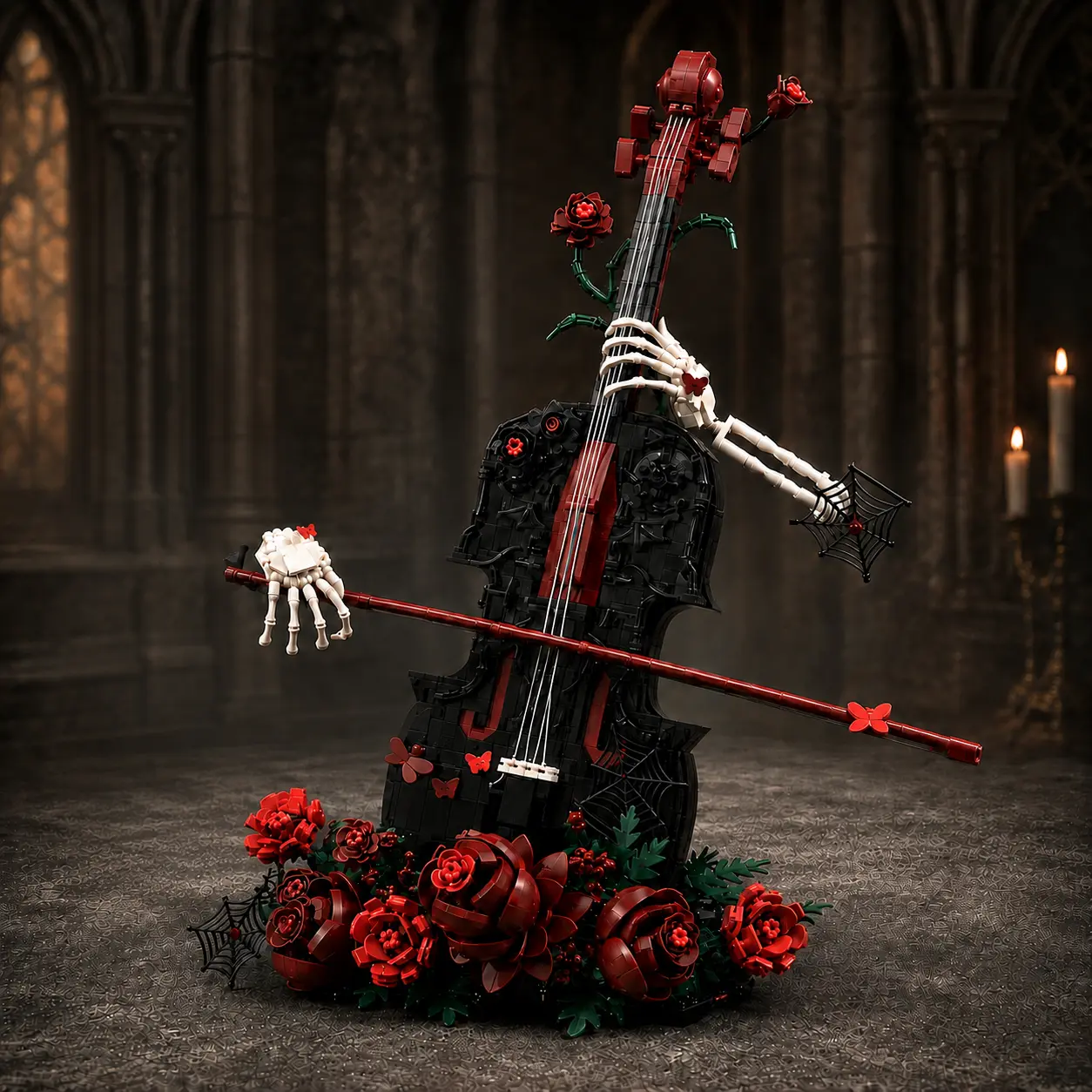 Minger Toys Dark Gothic Rose & Skeletons Violin Interlocking Building Block Set - 1429PCS ABS Plastic Skeleton Hand Music Model Collectors Kit, 14+ Yrs Unisex Miniature for Halloween DIY Decor, Music Lovers, Collectors Block Set