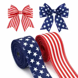 Patriotic Wired Ribbon 2 Roll Set Stars and Stripes Burlap Craft Ribbon for 4th of July Wreaths, DIY Bows, Independence Day Party Decor, Farmhouse Americana Crafts & Holiday Decorations summerwins