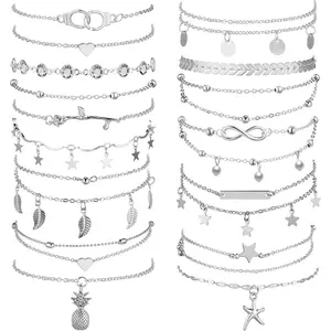 16Pcs 14K Gold Ankle Bracelets for Women, Boho Beach Adjustable Foot Jewelry Set, Summer Fashion Anklets & Hand Chains, Romantic Gift for Valentine's Day Birthday Bridesmaid (Trending)