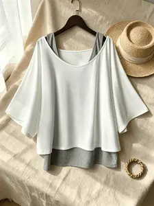Plus Size Loose Batwing Sleeve Top, Two-Piece Design with Inner Vest, Conceals Belly Fat, Casual Streetwear Set for Daily Wear