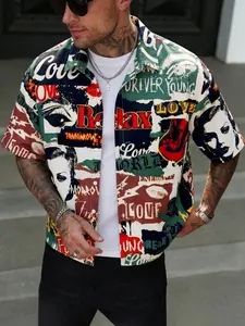 Men's Retro Pop Art Collage Print Short Sleeve Shirt, Y2K Streetwear Digital Print Button-Down Top, Casual Graffiti Aesthetic Hawaiian Shirt #PopArtShirt #Y2KStreetwear #CollagePrintShirt #GraffitiAesthetic #TikTokMadeMeBuyIt