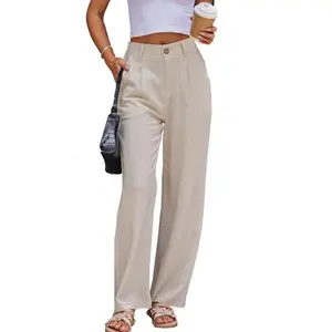 Women’s Summer Cotton-Linen Wide-Leg Casual Pants, High-Waisted, Beach/Business/Work/Dressy, Comfortable Wide Straight-Leg Pants