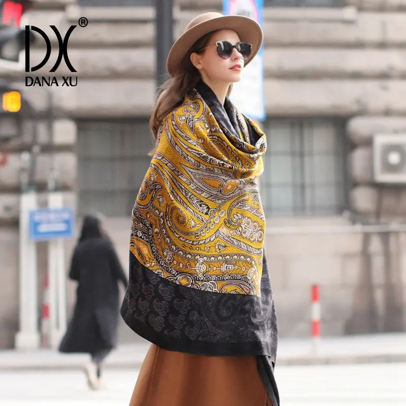 DANA XU 100% Merino Wool Extra Large Pashmina Blanket Travel chunky Scarf Cashmere Wrap for Women Fall Winter Oversize Shawl Floral Style Fashion
