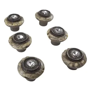 Set Of 6 Western Rustic Faux Wood Rhinestone Crystal Cabinet Door Pull Knobs