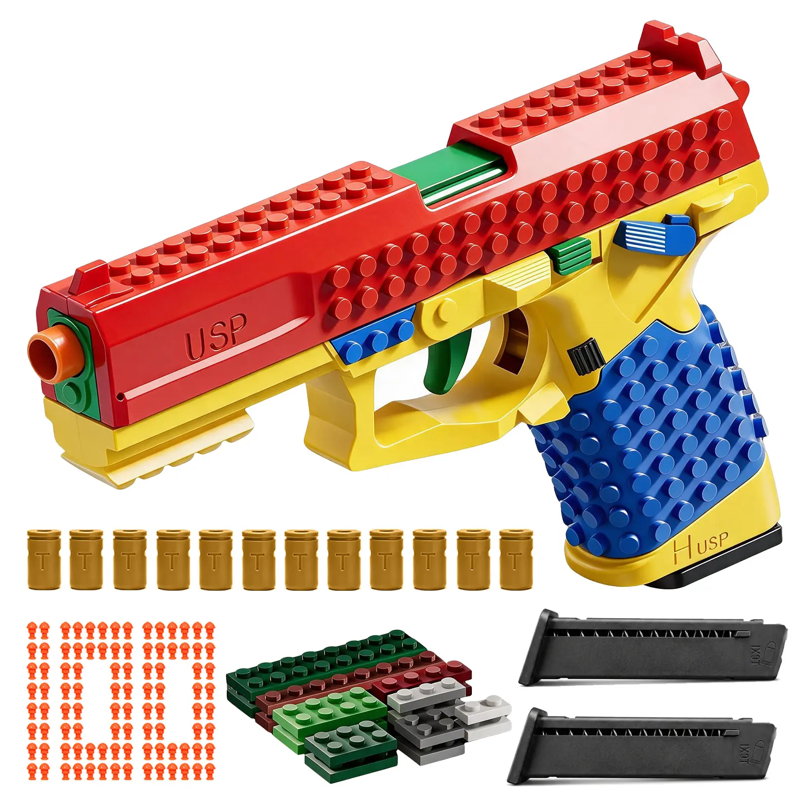 Automatic Shell Ejection Soft Bullet Toy Pistol - 2 Mags, 100 Soft Bullets, 18 Shells, 16 Bricks, Display Stand, Safe Plastic Blaster for Shooting Games, Educational Gift for Boys