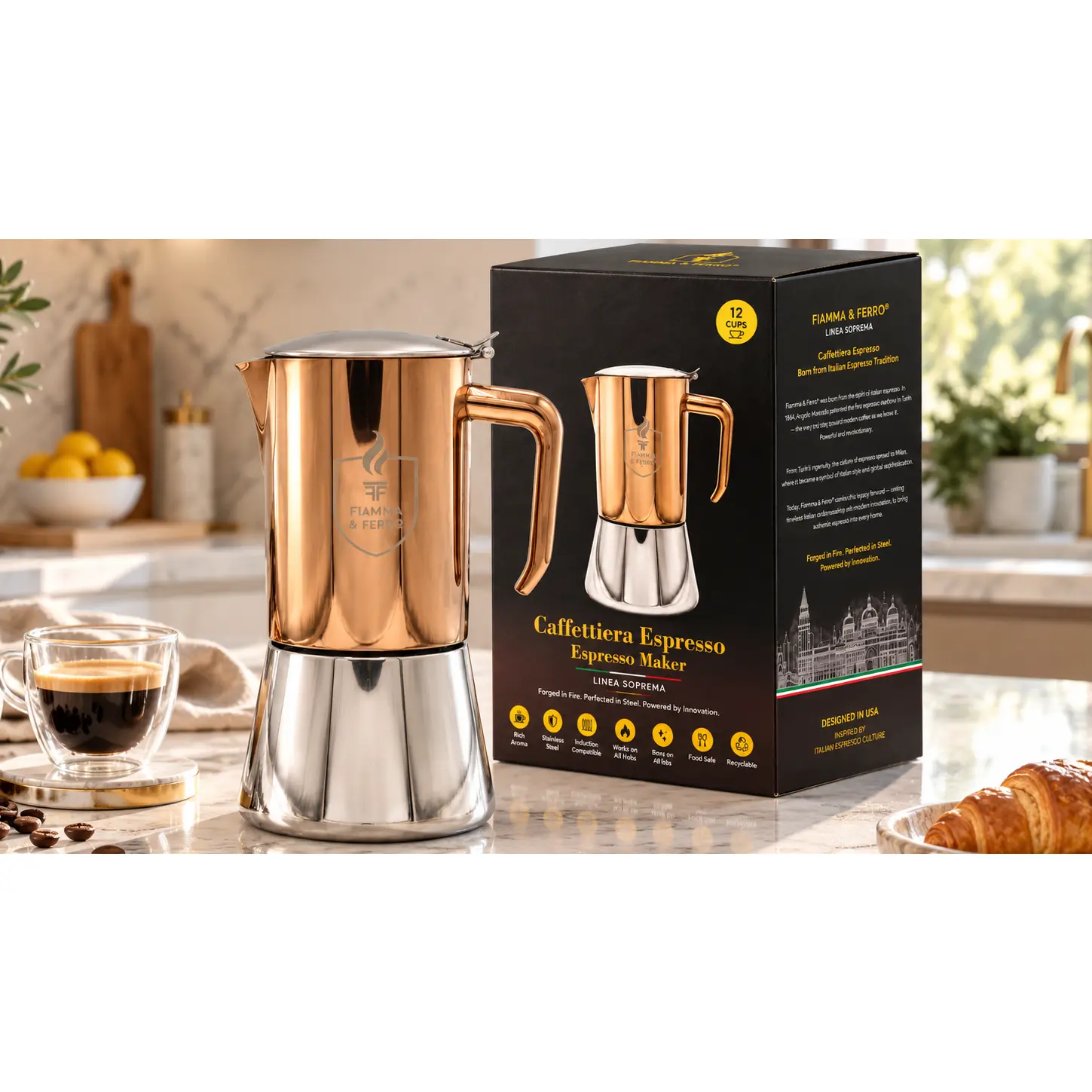 Fiamma & Ferro Stainless Steel Stovetop Espresso Maker – 20 oz / 600 ml (12-Cup) Induction Moka Pot