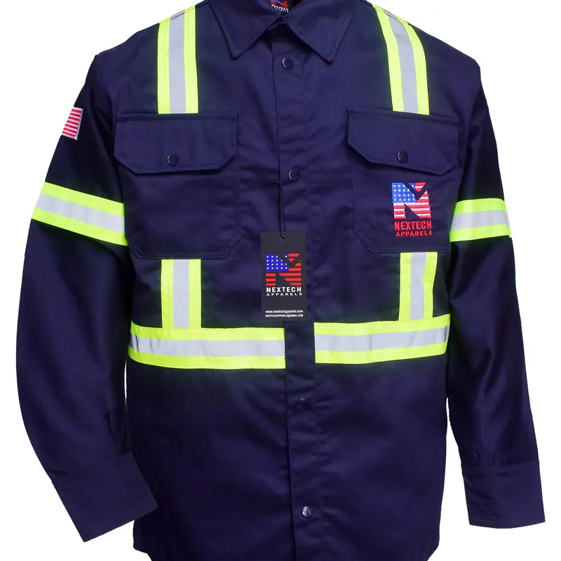 FR Shirts Flame Resistant Long Sleeve Shirt Large Reflective Stripes High Visibility Workwear Machine Washable Striped Uniforms Firefighter Jacket