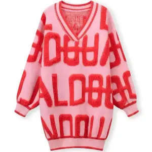 Love a Chillin Day Out Mini Long Sleeve V-neck Sweater Dress Plus Size Cozy Party Wear with Bold Letter Pattern Womenswear Casual