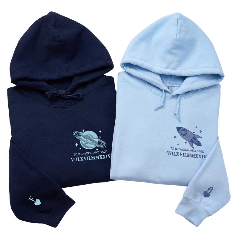 Custom To The Moon And Back Embroidered Hoodies for Couple – Matching Couple Hoodie With Roman Numeral Date And Initials, Meaningful Valentine Anniversary Gift