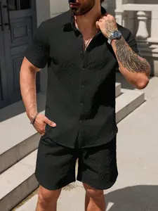 Men's Solid Textured Short Sleeve Shirt and Textured Shorts Set, Comfortable for Summer Wear, Casual Fashion Duo for All Occasions