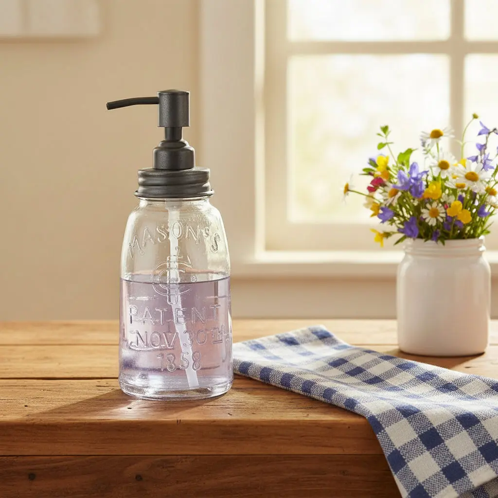 Metal Farmhouse Mason Jar Soap Dispenser, Glass Jar for Kitchen & Bathroom Home Supplies - Charcoal