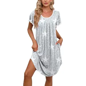 Womens Sleepwear Short Sleeve Nightgown Soft Sleepshirt Pleated Nightshirt Scoopneck House Dress with Pockets
