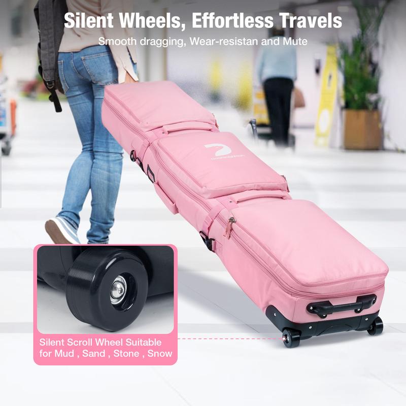 Rolling Ski Bags with Wheel, 155cm-175cm Padded Waterproof Snowboard Bag for Air Travel, Fits Single Ski & Skis with 3 Separation Storage, Unisex Adjustable Length, Pink