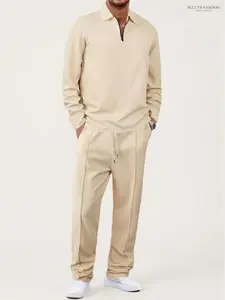 Men's 2-Piece Plain Matching Waffle Knit Tracksuit Set - Streetwear Menswear Activewear Half-Zip Long-Sleeve Pullover & Drawstring Sweatpants for Casual Loungewear
